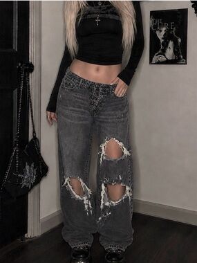 Women's Punk Distressed Essential Stylish Wide-Leg Jeans — Charcoal Gray